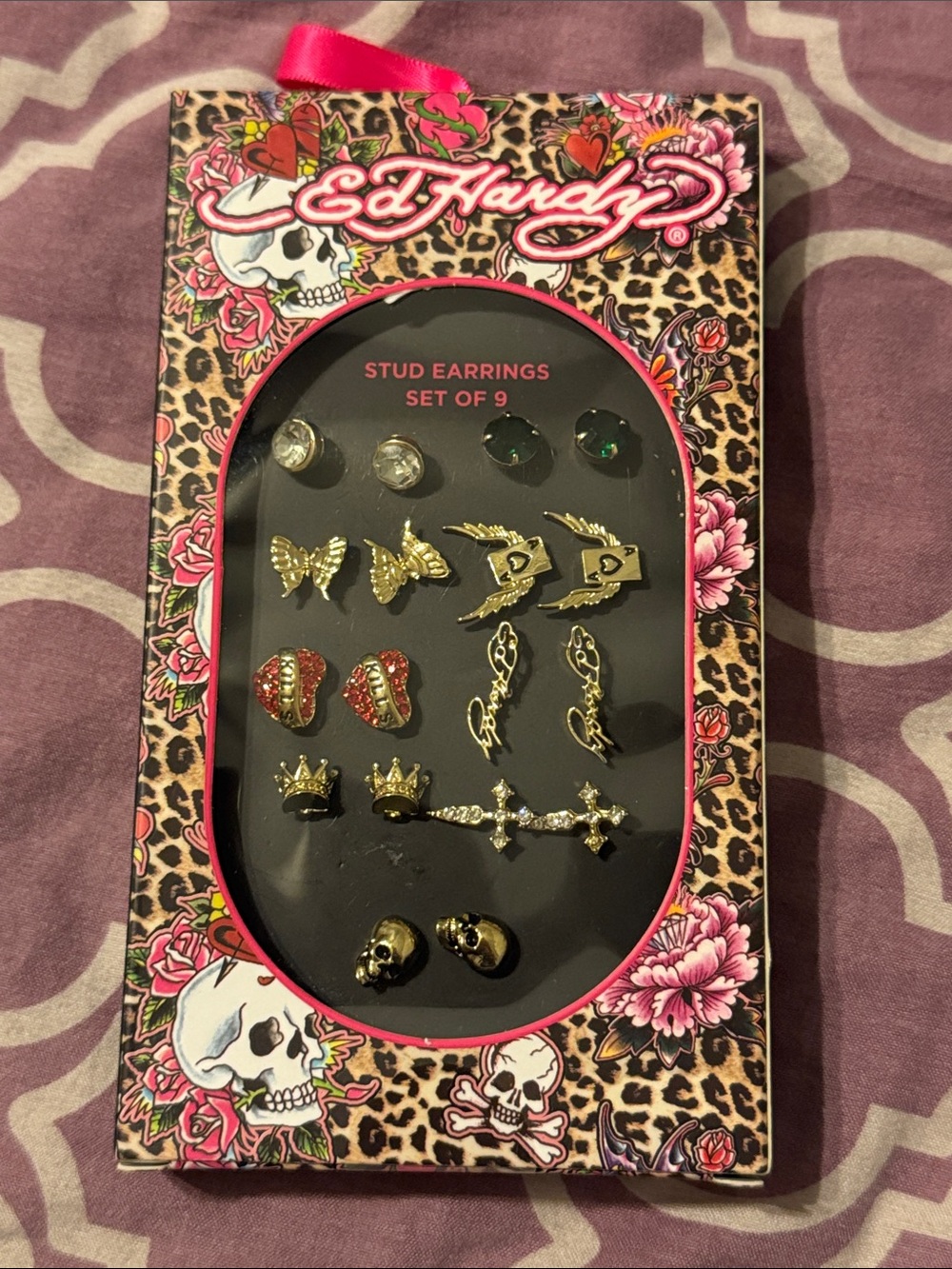 Ed Hardy Gold-Tone Stud Earring Set with Red and Green Accents